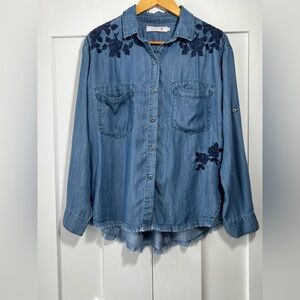 Billy T Rose Denim Shirt Small Embroidered Chambray Boho Button Down